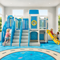 Aire de jeux intérieure personnalisée pour enfants, thème Océan Bleu, avec mini-ville, boutique, toboggan et piste routière