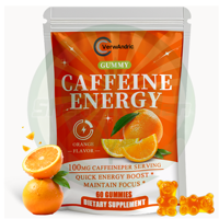 Complément alimentaire en gommes aromatisées aux fruits, marque privée OEM, 100 mg de caféine par portion, pour un regain d'énergie rapide et la maintenue de la concentration, 60 unités