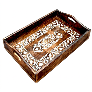Plateau de rangement en bois de manguier de qualité supérieure, détails sculptés à la main, qualité alimentaire, facile à nettoyer, pour dîners haut de gamme, cadeaux, décoration élégante pour la maison - Product Image 1