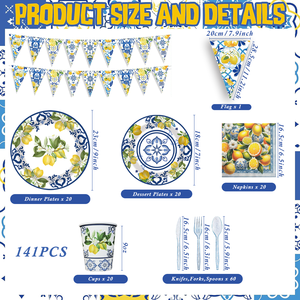 Ensemble de fournitures de fête bleu citron style méditerranéen, vaisselle jetable avec assiettes, gobelets, serviettes et bannière pour fête prénuptiale estivale - Product Image 4