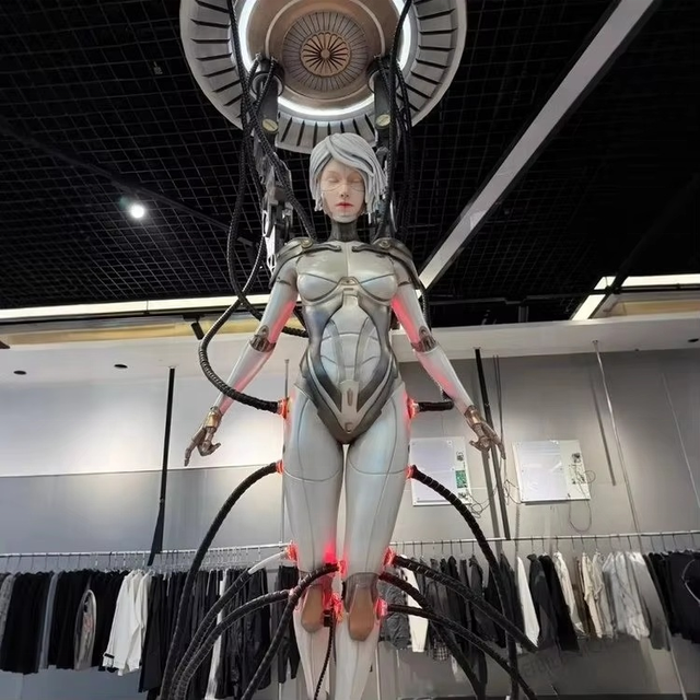 Custom Retail Shopping Mall Lobby LED Orbit Ring Installation Chrome Display Steel Acrylic Cyber Angel Robot Female Mascot