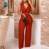 Combinaison élégante pour femmes, col en V, chaîne, été, tenue de bureau, mode formelle, une pièce, sans manches, jambes larges