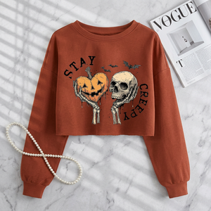 Hot Selling <b>Women's</b> Halloween Crop Sweatshirt Orange Pumpkin <b>Skull</b> Print O-Neck Long Sleeve Casual <b>Top</b> Autumn Wear - Product Image 3