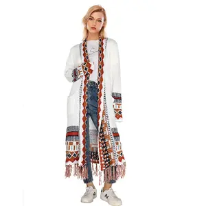 Abrigo de mujer cárdigan largo abrigo de punto europeo y americano estilo romántico borlas moda Tribal chal cuello cárdigan de algodón abrigo