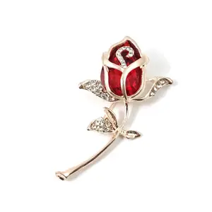 Elegante Red Rose Fiore Spilla Broccia Pin di Cristallo Del Rhinestone Per La Primavera