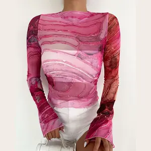 AFS 2023 Women's Clothing Net Red Blooming Printed Top Autumn New Sexy Sheer Long Sleeve