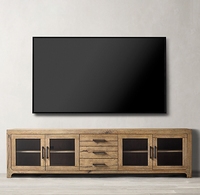 Meuble TV Rhoohill sur mesure pour salon, en bois massif, avec 4 portes vitrées et tiroir, console multimédia longue en bois de style vintage américain