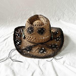 Chapeau de cowboy en paille de papier fait main, style ethnique, orné de pierres précieuses, bande, <span class=keywords><strong>peinture</strong></span> en aérosol, corniche roulée, pare-soleil réglable, chapeaux western - Product Image 3