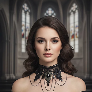 قلادة دانتيل سوداء قوطية عتيقة من PESENAR: إطار مزخرف مع حجر أسود كبير، سلسلة متعددة الطبقات مع شراشيب وخرز متدلي - Product Image 3