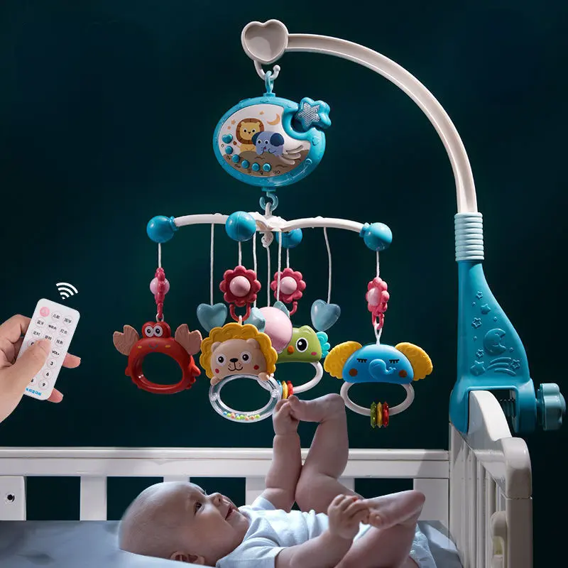 سرير طفل محمول للرضع حديثي الولادة من البلاستيك جرس سرير مريح يصدر صوت موسيقى مزود بجهاز عرض لعبة مزودة بشراشيب دوارة معلقة وصندوق موسيقى متحرك