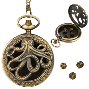 Ensemble de dés D&D DnD en micro-métal bronze gris antique, boîtier de montre de <span class=keywords><strong>poche</strong></span> <span class=keywords><strong>vintage</strong></span> Octopus Cthulhu avec chaîne, cadeau pour homme - Product Image 1