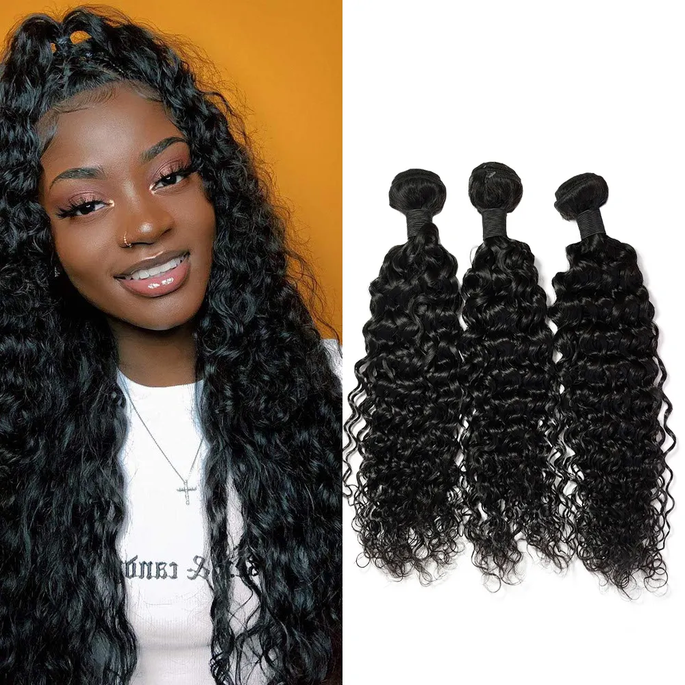 100% Brazilian Human Raw Remy Hair Extensions 3 or 4 Bundles Deal Natural Black Wet and Wavy Hair Water Wave Human Hair Bundles