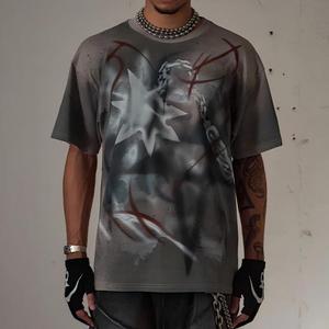 Tùy Chỉnh Người Đàn Ông Của Hip Hop T-Shirt Cổ Điển Nặng 100% Cotton Tee Mặt Trời Faded Boxy Cắt Đau Khổ In Đính Vá Axit Rửa - Product Image 3