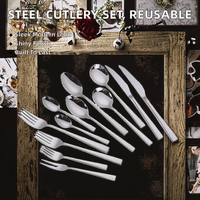 Ensemble de couverts modernes réutilisables en acier inoxydable épais poli miroir (cuillère, fourchette, couteau) en stock pour la restauration