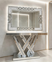Table console moderne en argent avec effet diamant écrasé et miroir pour entrée, couloir ou salon