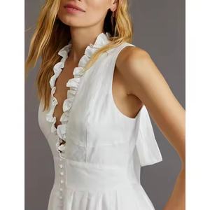 Vestido Midi de Algodón Blanco Puro con Cuello en V, Encaje, Lazo y Estilo Halter para Mujer, Verano, Bohemio, Casual, Patchwork, Transpirable, Lavable y Ecológico - Product Image 4