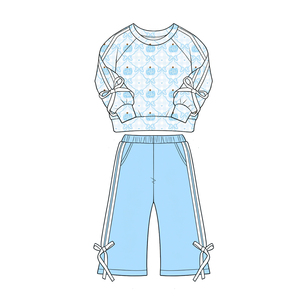 Conjuntos de Ropa de Dos Piezas para Niñas Pequeñas, Estilo Casual Otoñal, con Lazos de Calabaza y Flores, Pantalones a Rayas, Venta al Por Mayor, Conjuntos de Ropa para Hermanas - Product Image 3