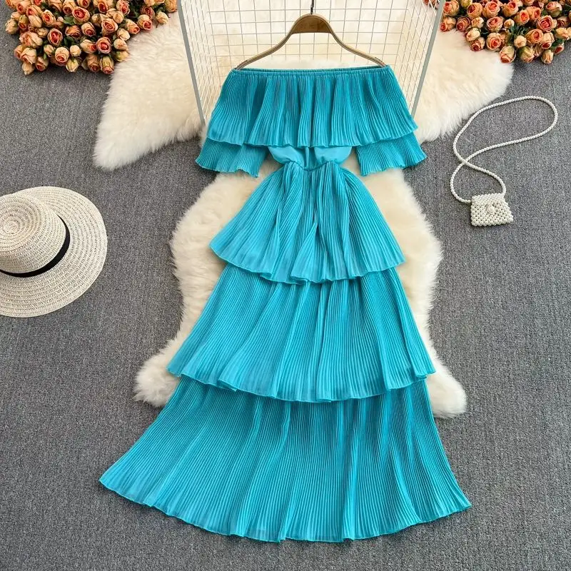 BOBOYU Primavera Verano nuevo diseño sólido fuera del hombro con volantes de cintura alta vestidos largos mujeres elegante casual Falda larga Vestido de playa
