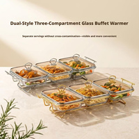 Chauffe-Plat en Verre QY 4.5L 3L à Trois Compartiments avec Cadre en Acier Inoxydable Doré pour Buffet, Hôtels et Traiteur