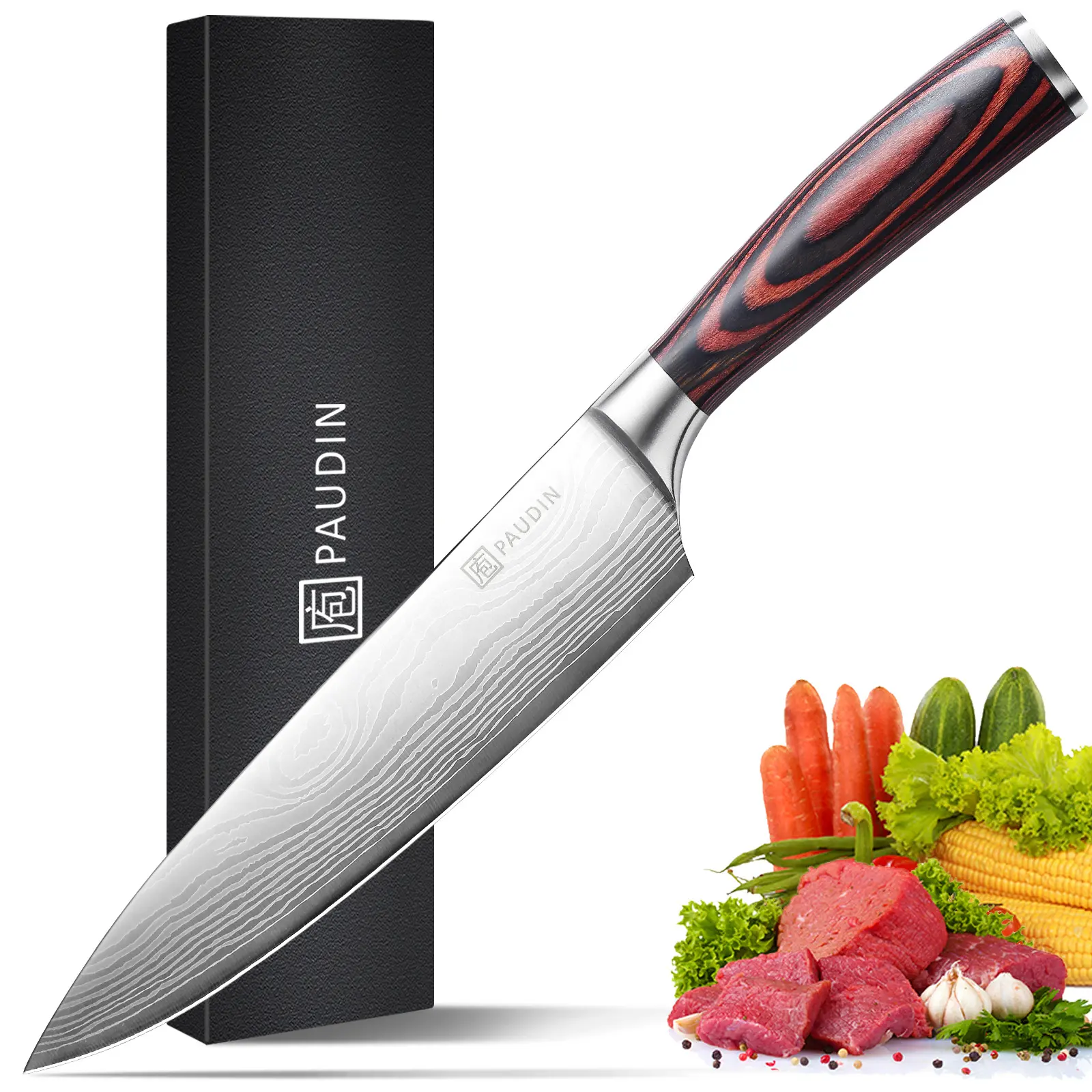 8 Inch Original AMZ Top Seller Custom Logo Wood Handle Damascus Pattern Kitchen Knife Set Chefs Knife
