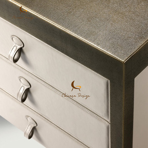 Brass Metal Trim Designer Bedroom Furniture Elegant Leather Upholstered Dresser Contemporary Minimalist Chest Drawers Nightstand - Product Image 3