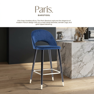 Tabouret de bar moderne de luxe en velours bleu avec dossier incurvé et pieds en métal pour hôtel, appartement, comptoir - Product Image 3