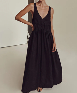 Nuovo Design Tongrui: Abito Lungo in <span class=keywords><strong>Lino</strong></span> <span class=keywords><strong>Nero</strong></span> con Scollo a V, Elegante e Casual per Donne e Signore - Product Image 2