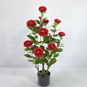 New Decor Wedding Indoor Fake Camellia Peony Rose Tree Potted Artificial Plant