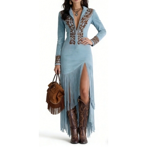 Vestido <span class=keywords><strong>de</strong></span> <span class=keywords><strong>Mujer</strong></span> Estilo Vaquero con Flecos <span class=keywords><strong>de</strong></span> Ante Sintético, Bordado y Cierre Frontal, Ajustado al Cuerpo, Moda Sehe - Product Image 1