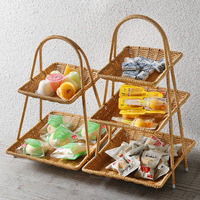 Corbeille à fruits carrée multi-niveaux de style chinois, plateau de thé de l'après-midi en faux rotin de luxe léger, support de rangement pour collations et bonbons domestiques
