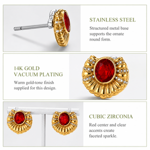 Boucles d'oreilles clous Red Sunburst en acier inoxydable plaqué or 14K sous vide avec zircon cubique, boucles d'oreilles statement - Product Image 4