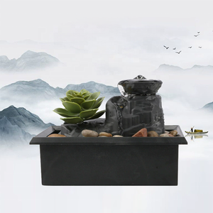 Tabletop Water Fountain with Japanese Stone Mill Design LED <b>Light</b> and Artificial <b>Plant</b> Decor Indoor Zen Waterfall Fountain - Product Image 1