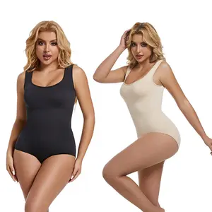 S027 kadınlar seksi nervürlü kolsuz kare boyun tulumlar İnce tam vücut külot Shapewear karın kontrol dikişsiz Bodysuit Tops