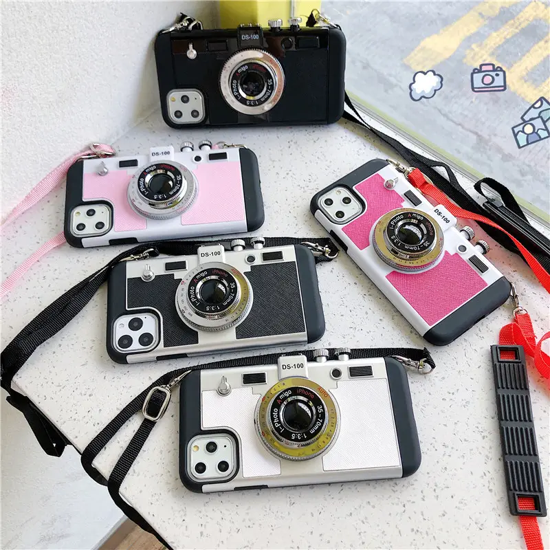 Vendita calda 3D Retro Camera Design custodia per telefono con cinturino per iPhone 14 Creative Fashion Cool Cover per iPhone 13 12 11 XS X XR MAX