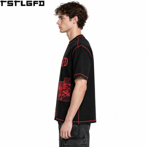 Cut And Sew Red Contrast Stitch <b>T</b> <b>Shirt</b> Men Black Crew Neck Distressed Print Patch <b>Gothic</b> Streetwear Y2K Wholesale Bulk Factory - Product Image 3