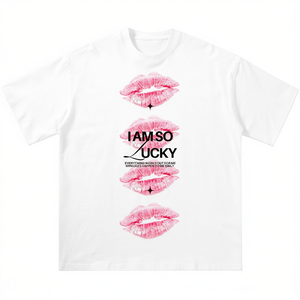 T-shirt con stampa grafica I Am So Lucky per bambini, a maniche corte, oversize, in cotone, streetwear, girocollo, vestibilità regolare - Product Image 1