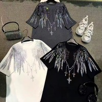 T-shirt surdimensionné en velours à manches courtes pour femmes, détail ailes d'ange en strass, col rond, haut décontracté