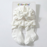 Ensemble de chaussettes et bonnet pour nouveau-né en coton, chaussettes pour bébé fille, couleur unie, nœud, chaussettes de cheville pour bébé