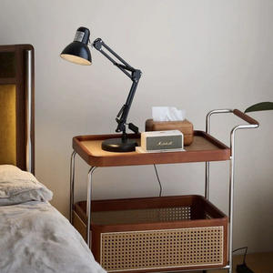 Chariot de service en bois massif avec panneau en rotin, chariot de rangement à structure en acier inoxydable pour salon, utilisation comme table basse - Product Image 2