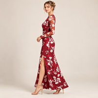 Gaun Maxi Wanita Model Terbaru 2026 Warna Burgundy Bermotif Bunga, Lengan Panjang Transparan, Pinggang Berkerut, Belahan Tinggi, Gaun Pesta Malam Elegan