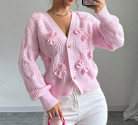Cárdigan de Punto Elegante para Mujer con Cuello en V y Lazo, Suéter de Manga Larga con Botones y Tejido Acanalado, Jersey Casual de Moda para Otoño e Invierno