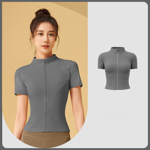 Respirant sans couture sport serré casual Fitness fermeture éclair col montant vêtements à manches courtes luxe Yoga hauts pour femmes - Product Image 6