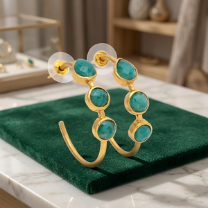 Boucles d'oreilles ethniques en laiton plaqué or faites à la main avec pierres précieuses turquoise pour femmes et unisexe, cadeau idéal - Product Image 3