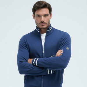 Cárdigan <span class=keywords><strong>Azul</strong></span> <span class=keywords><strong>Marino</strong></span> con Cierre Completo para <span class=keywords><strong>Hombre</strong></span>, Estilo Vintage de Primavera, Chaqueta Deportiva de Punto con Cuello Alto en Algodón/Acrílico - Product Image 2