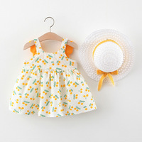 Set Gaun Bayi Perempuan 2 Pcs Desain Baru Musim Panas ODM + Topi Jerami, Tanpa Lengan, Cetak Bunga Ceri