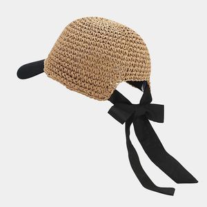 Versatile Japanese-Style Crochet <b>Straw</b> Sailor <b>Hat</b> Korean-Style Solid Bow Tie Stylish Summer Sports Sun Baseball Cap Khaki Beige - Product Image 1