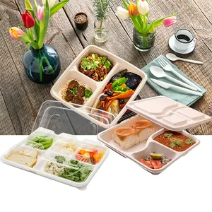 Boîte alimentaire à emporter, emballage biodégradables, jetable dans 6 compartiments pour riz boîte à bento, plateau à repas pour sushi avec couvercle, 10 pièces