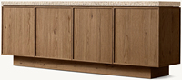 Buffet en bois de chêne avec plateau en pierre et bordure en travertin ciselé pour salle à manger et salon de luxe modernes