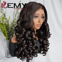 Perruque synthétique Kemy Hair Bouncy Curl avec dentelle HD, résistante à la chaleur, marron, 13*6, sans colle, pour femmes noires