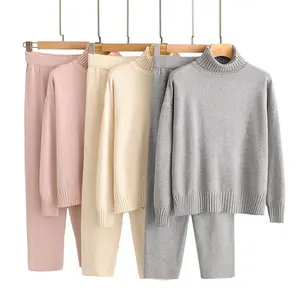 Custom Luxury Sexy Wool Cashmere Cotton Yoga Knit Suit Striped Women Crew Neck 2 Piece Sweater Set Knitted Jumper Pants